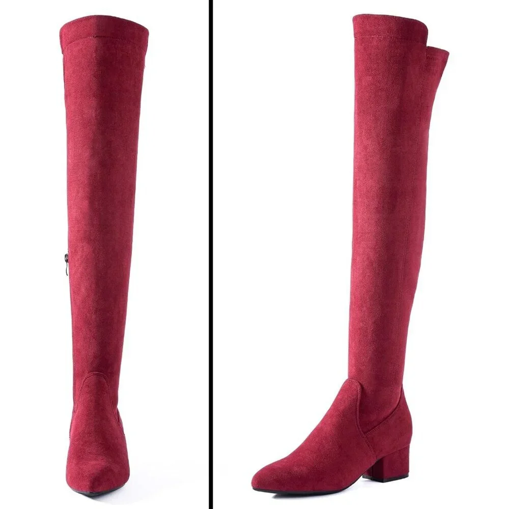 Women's Red Suede High Thigh Low Block Stylish Over-the-Knee Heel Boot